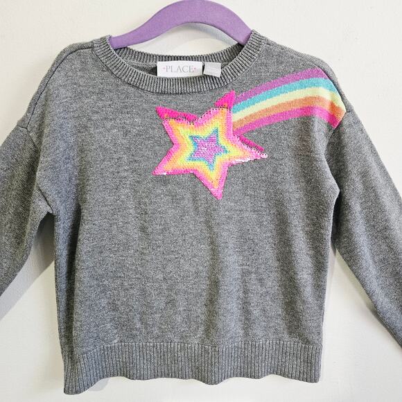 Children's Place Kids S 5/6 Rainbow Sequin Shooting Star Crewneck Sweater Gray - Picture 2 of 5